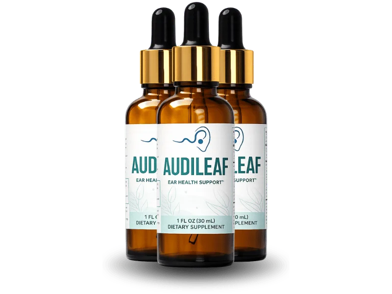 Three Audileaf Drops ear health support bottles with dropper caps
